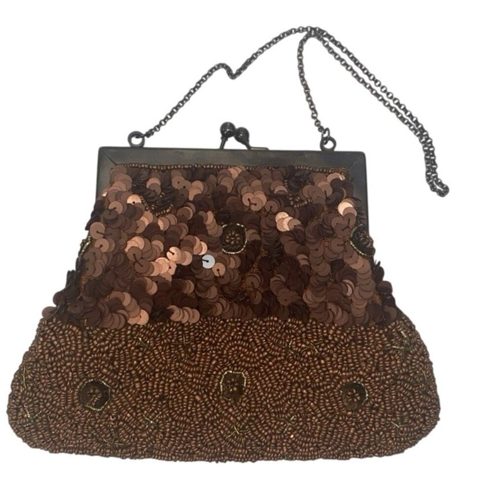 A Vintage Handbag Purse Sequined Beaded Gold Tone Chain 20's Style